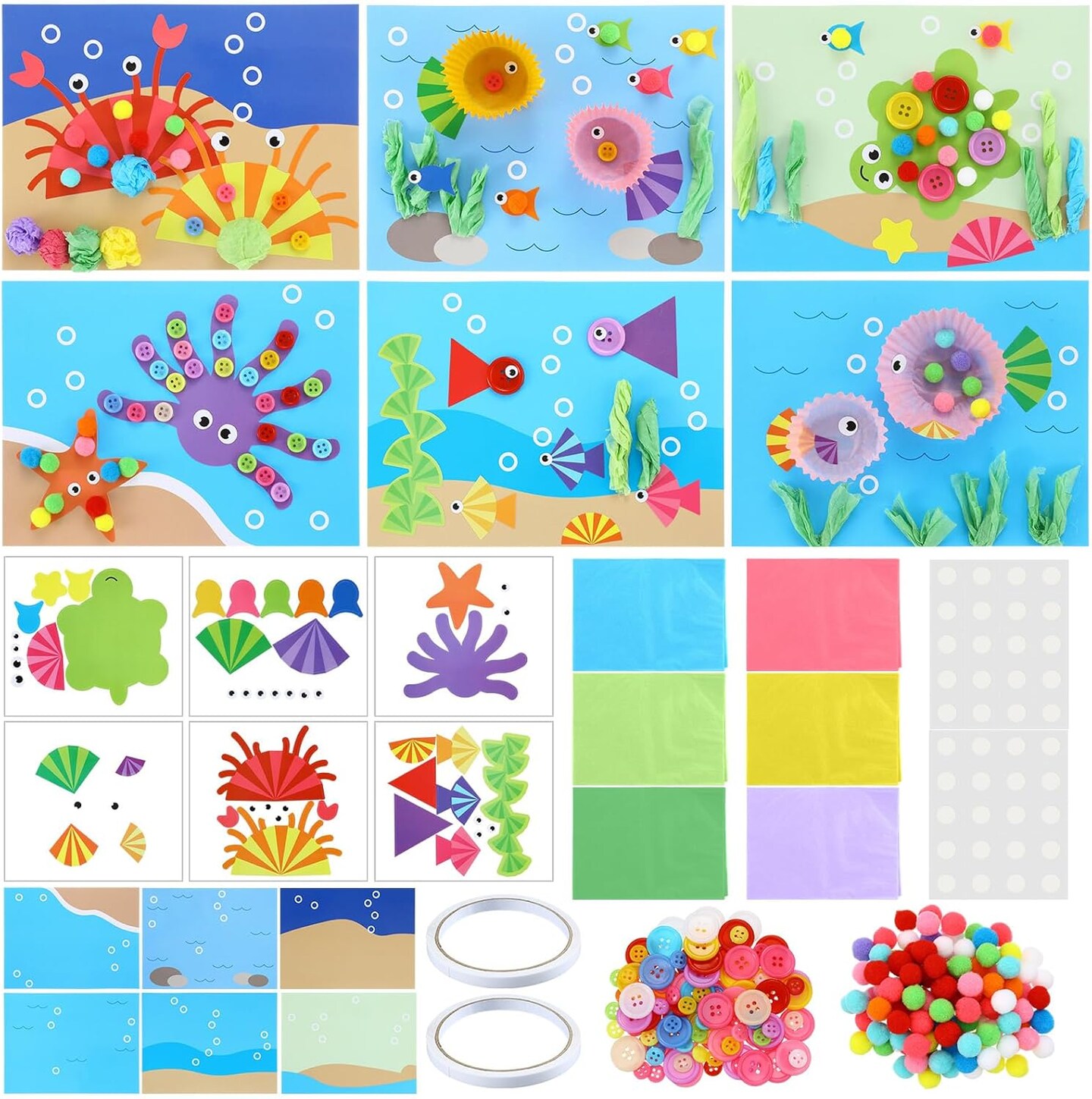 24 Sets Summer Sea Animal Crafts Make a Ocean Animals Stickers Scene DIY Under The Sea Button Fish Craft for Summer