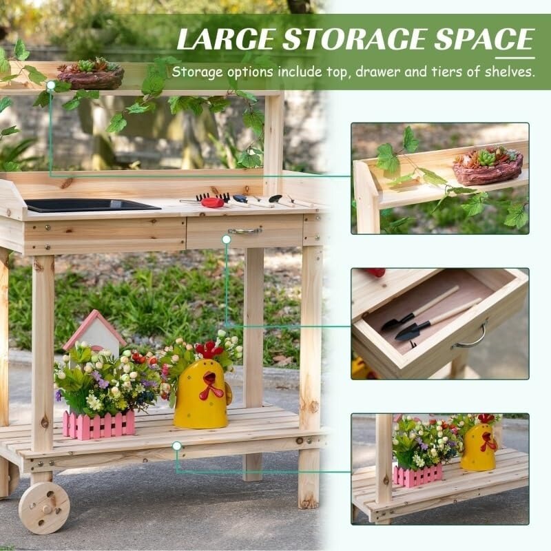 Wooden Potting Bench with Sink, Drawer &#x26; Storage on Wheels