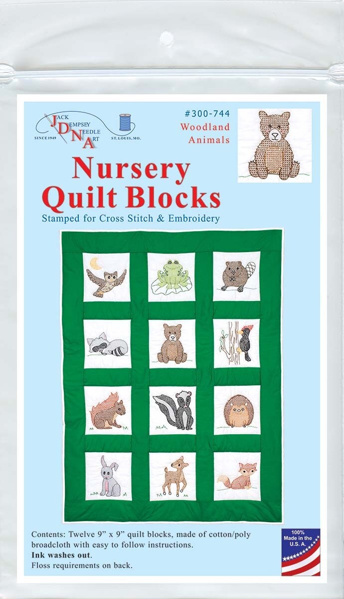 Jack Dempsey Stamped White Nursery Quilt Blocks 9&#x22;X9&#x22; 12/Pkg-Woodland Animals
