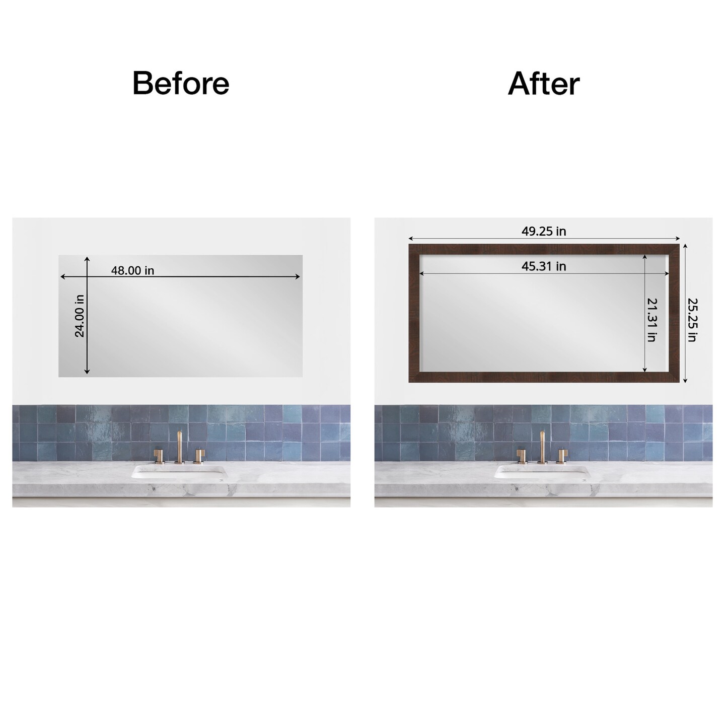 Amanti Art Mirror Makeover Bathroom Mirror Frame Border Kit - Fully Assembled Peel and Stick Frame - Mirror NOT Included - Wildwood Brown Narrow Trim