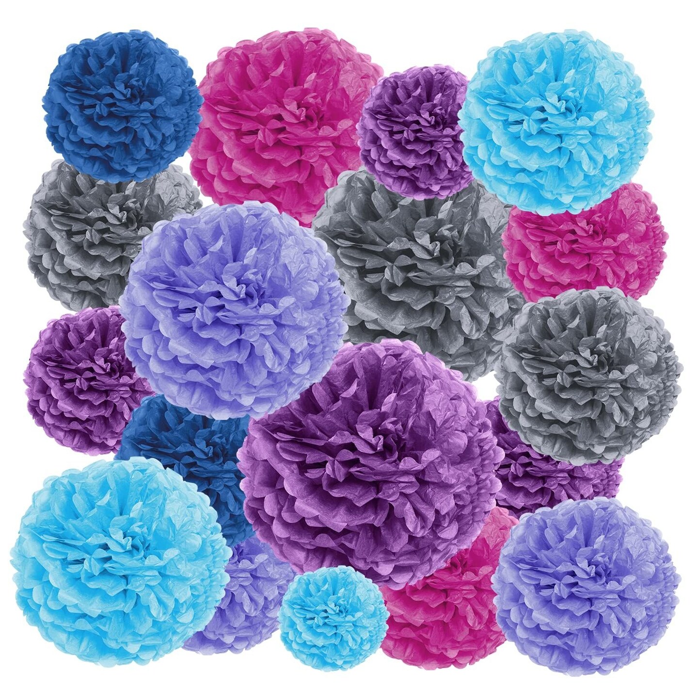 EpiqueOne 20-Piece Tissue Paper Pom Poms Party Decorations Kit - Blue, Teal, Purple, Lavender & Silver | Different Sizes - 6", 8", 10", 12" & 14" | Ideal for Birthdays, Bridal or Baby Showers & More