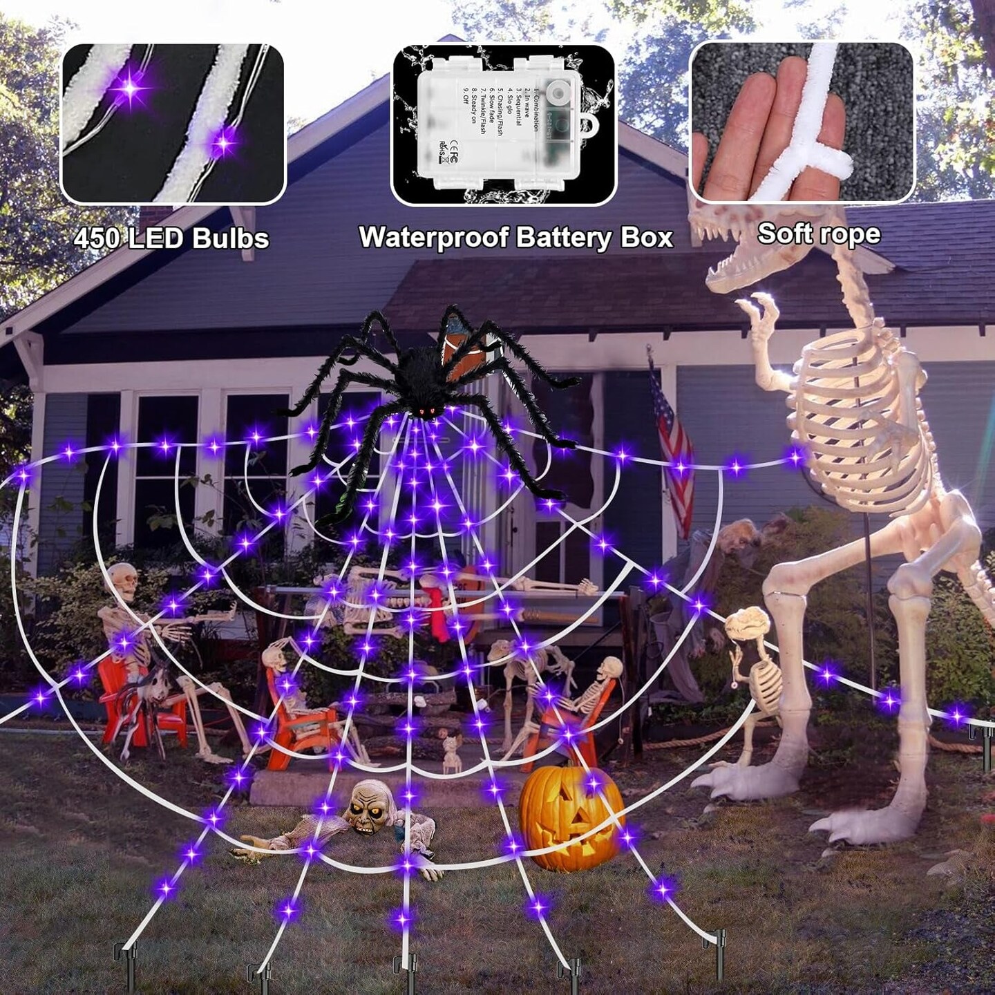 Spider Webs Halloween Decorations - Light up Spider Web Halloween Decorations Outdoor 32X16.5Ft- 450 LED Giant Spider Web &#x26; 50G Stretch Cobweb,Halloween Spiderwebs with Remote Control