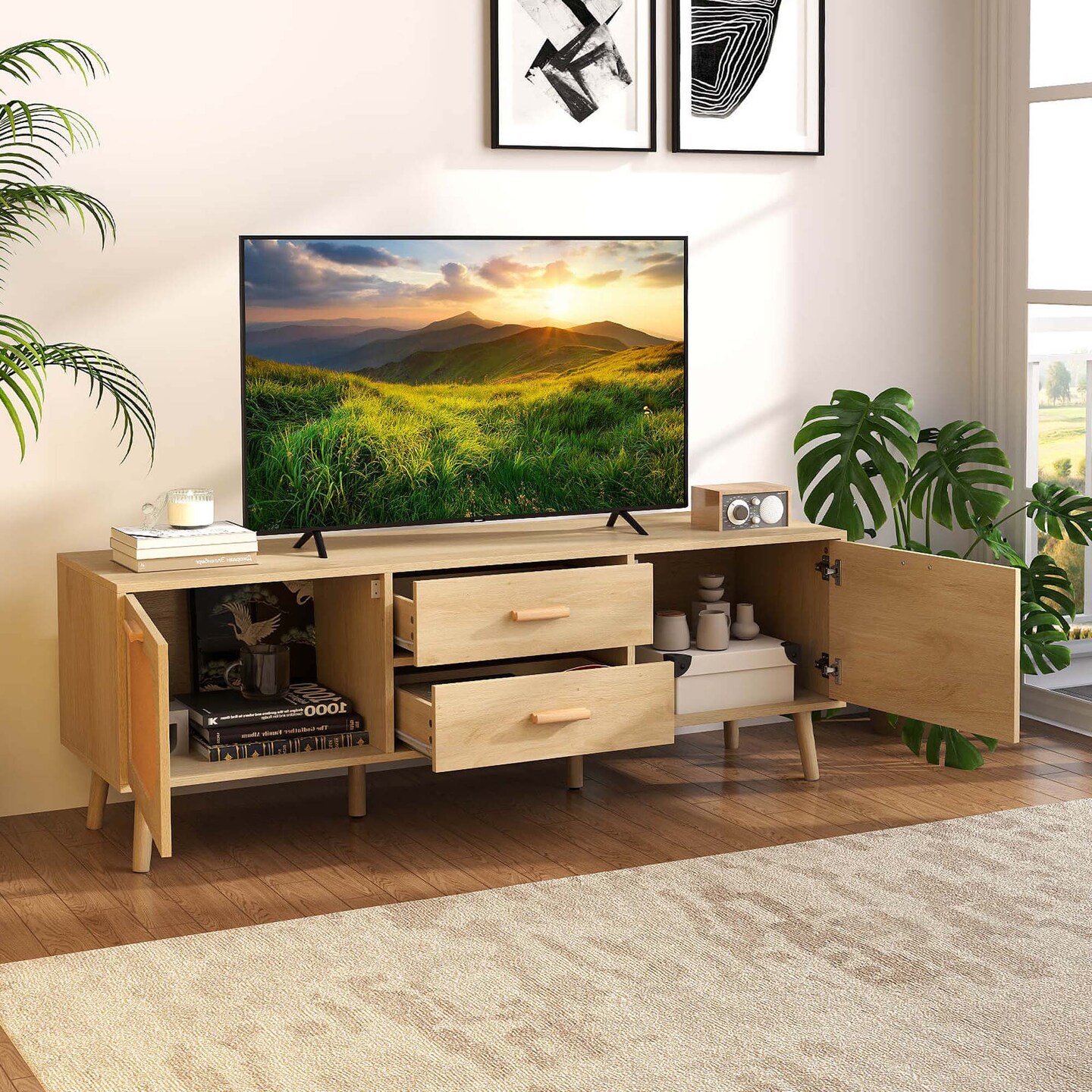 Costway Rattan TV Stand for 65-Inch TV 59" TV Console Cabinet Boho Entertainment Center