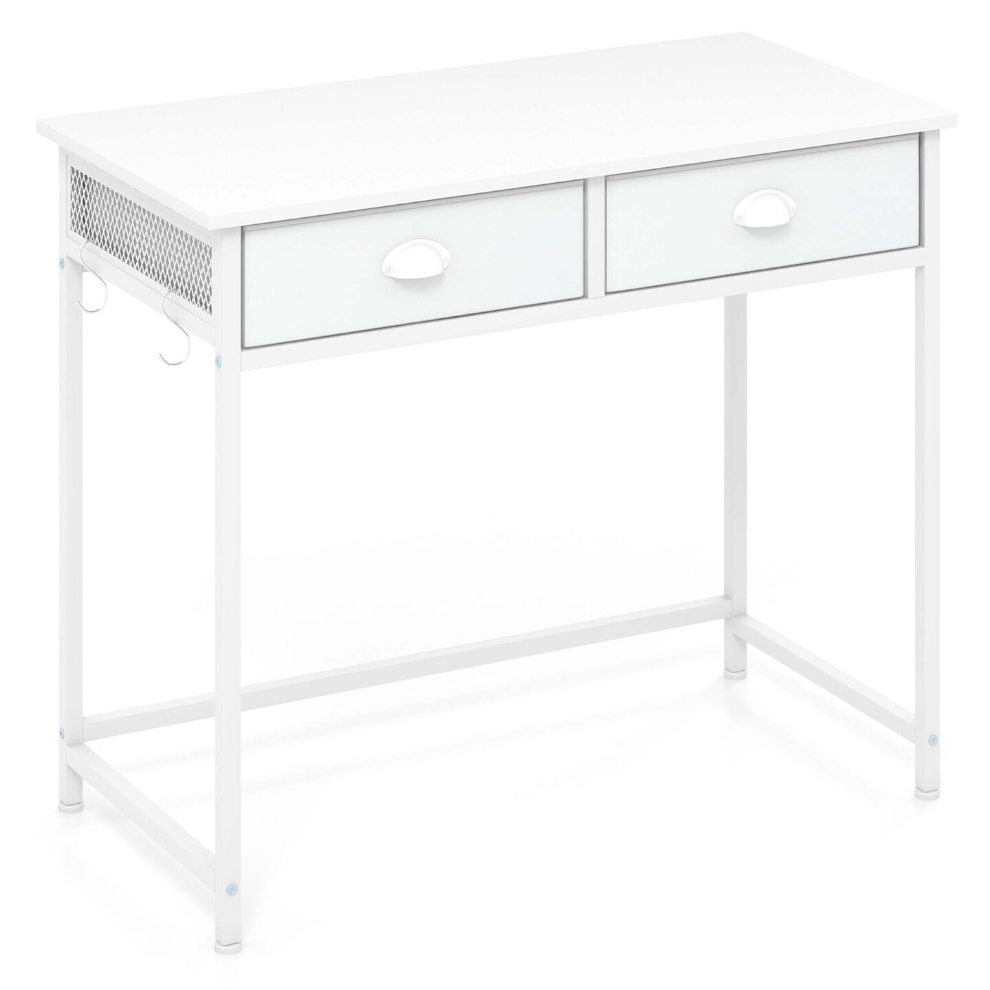 Costway Space Saving Home Computer Desk with 2 Fabric Drawers 4 Hanging Hooks &#x26; Metal Frame Brown/White