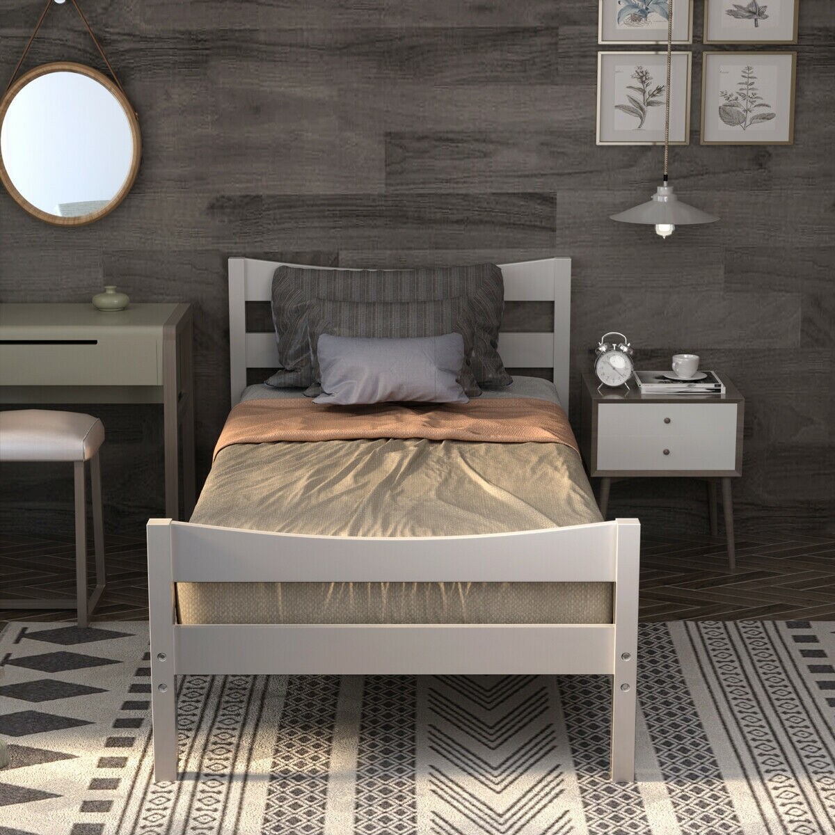 Pine Wood Twin Platform Bed with Headboard Footboard Under-bed Storage and Sturdy Slat Support