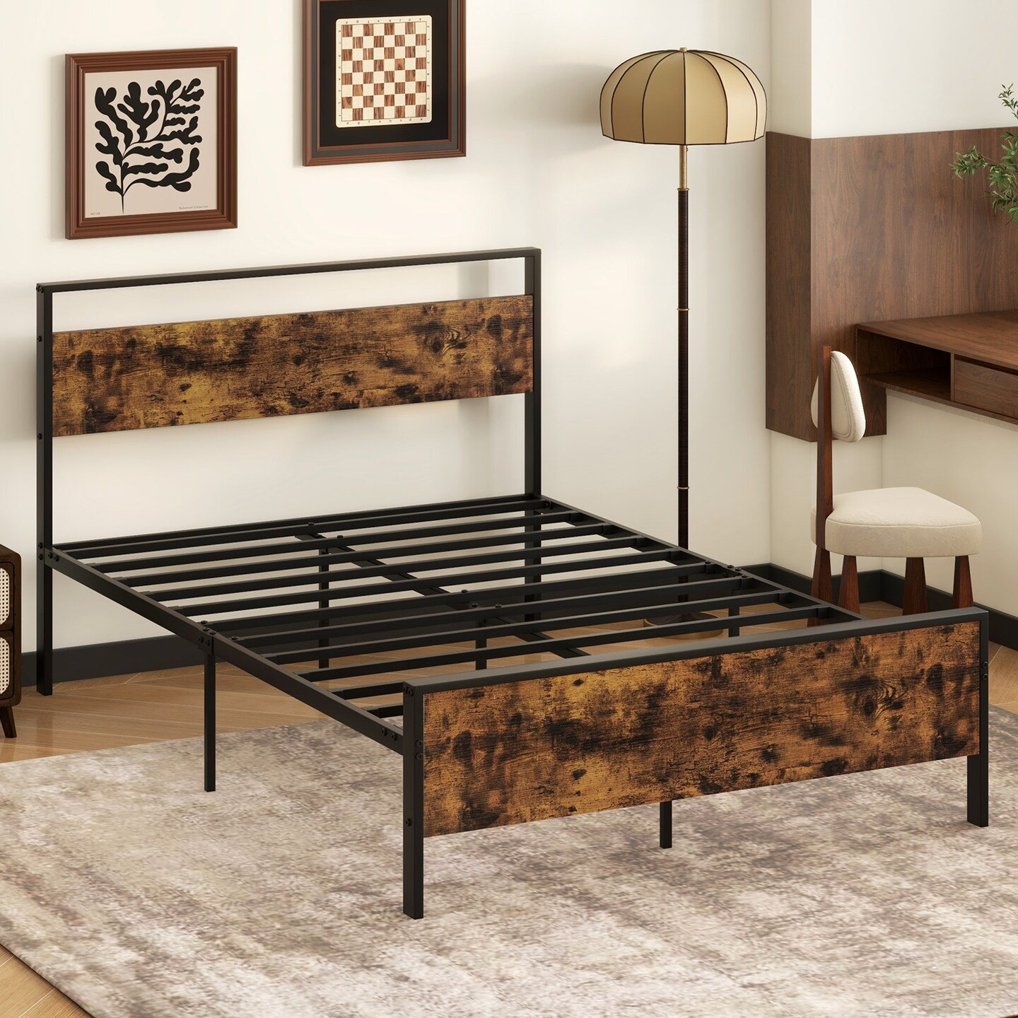 Metal Bed Frame Industrial Platform Bed with Wooden Headboard