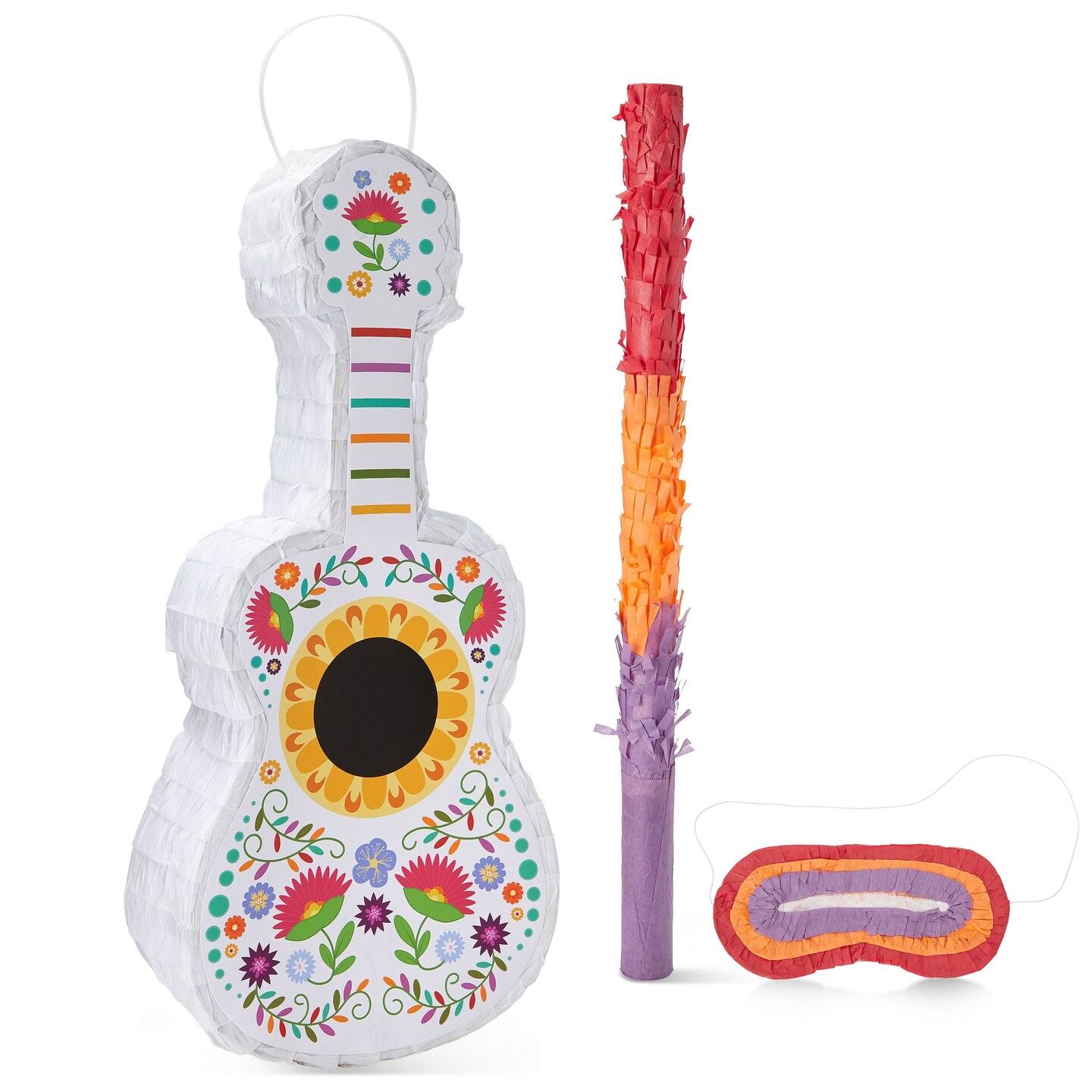 3-Piece Floral Guitar Pinata Bundle with Stick and Blindfold for Cinco de Mayo, Kids Birthday Party (17 x 10 x 3 In)