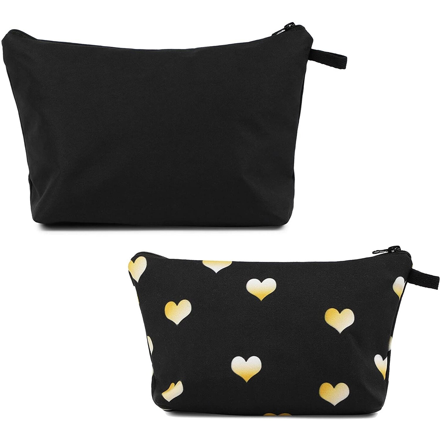 Set of 2 Hearts Makeup Travel Bags for Women Girls, Small Cute Cosmetic Storage Pouch, Toiletry Organizer, Black, 2 Sizes