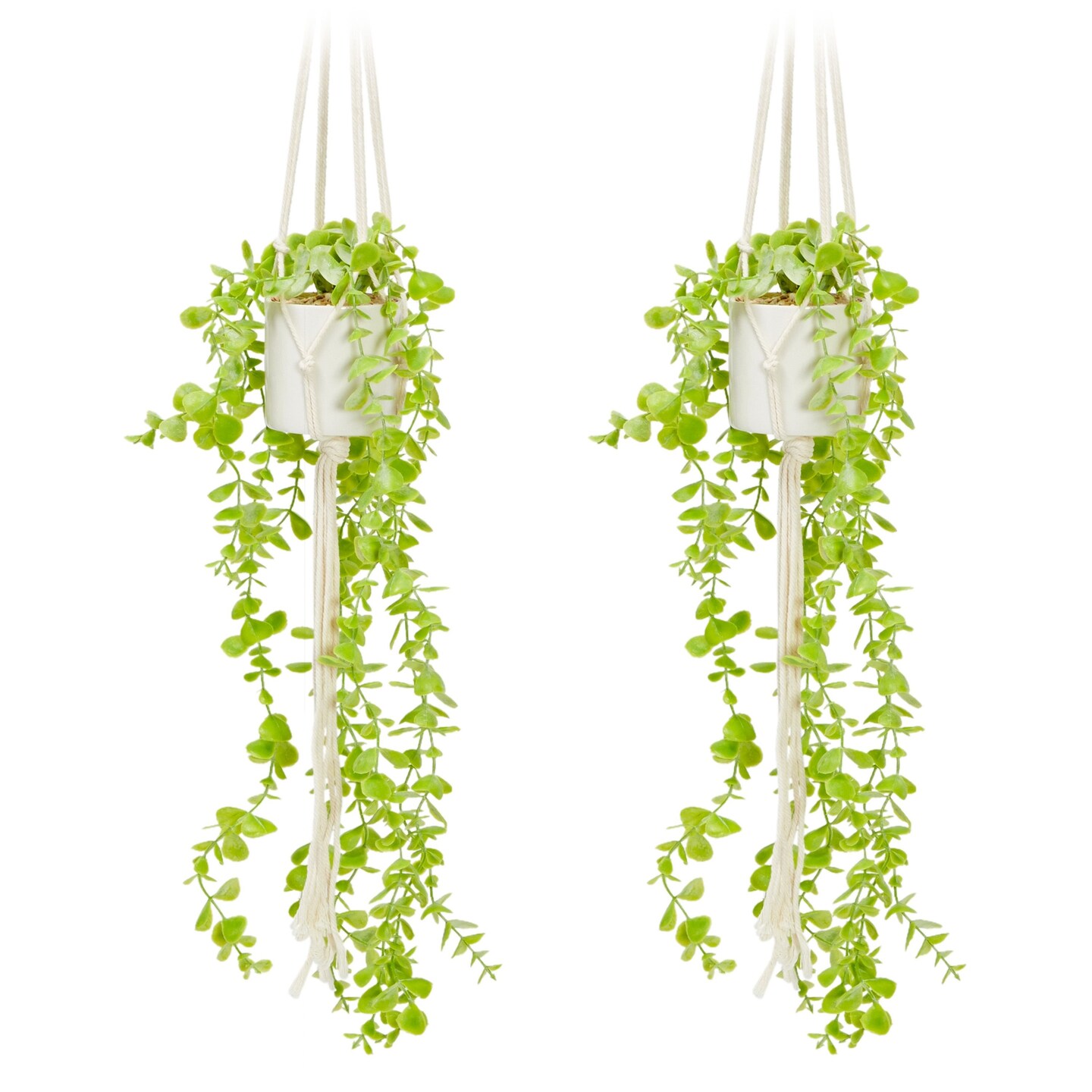 2 Pack Artificial Eucalyptus, Fake Hanging Plants with Macrame Hanger and White Ceramic Pot for Home Decor (31 In)