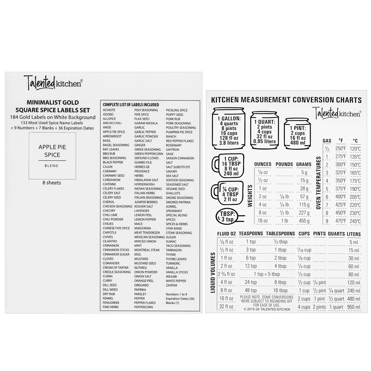 Talented Kitchen 24 Pack Glass Spice Jars with Shaker Lids 6oz, 328 Preprinted Labels, Gold Caps