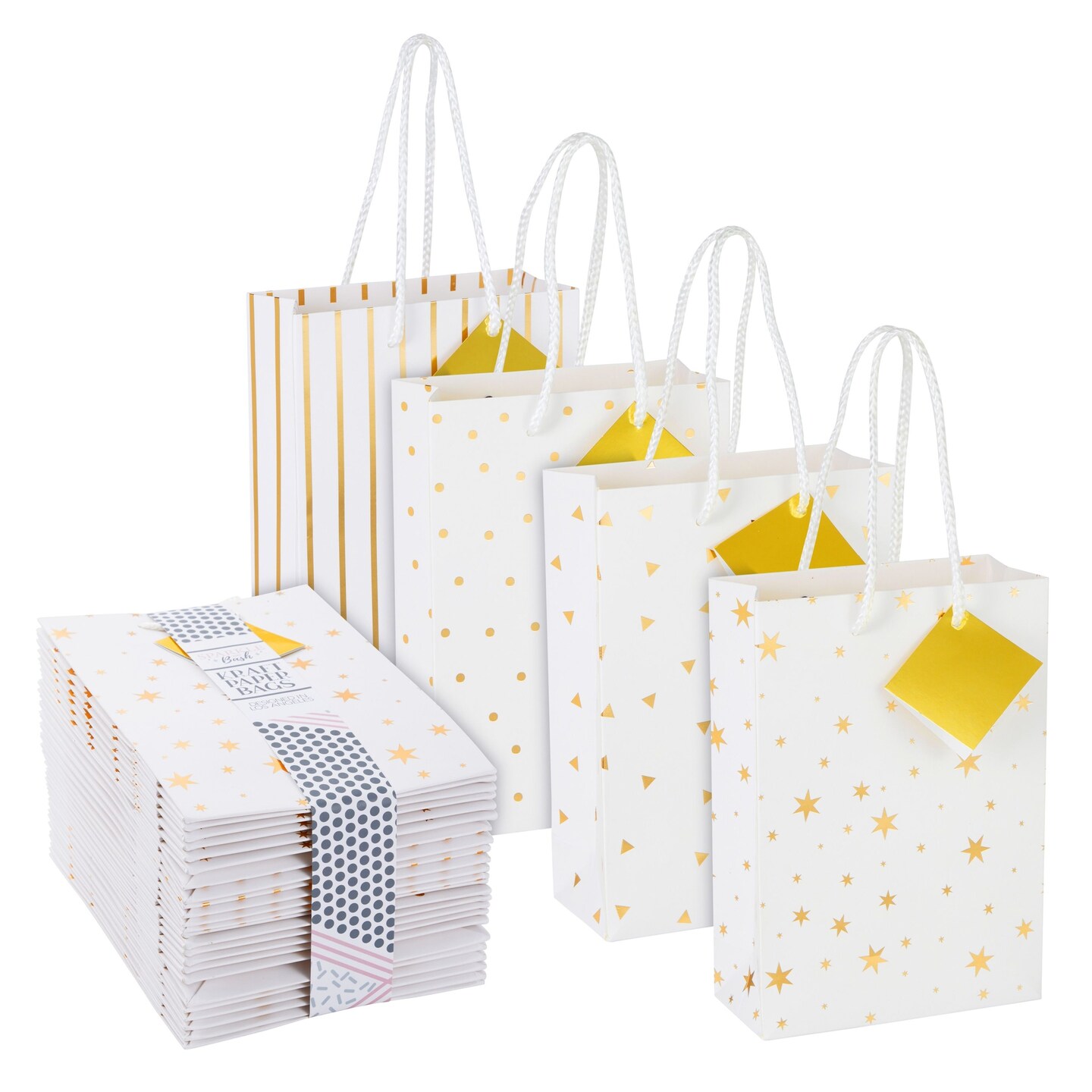 24 Pack Gold Metallic Foil Gift Bags, Small Paper Bags with Handles and Tags for Candy, Gold 4 Designs (7.9 x 5.5 x 2.5 In)