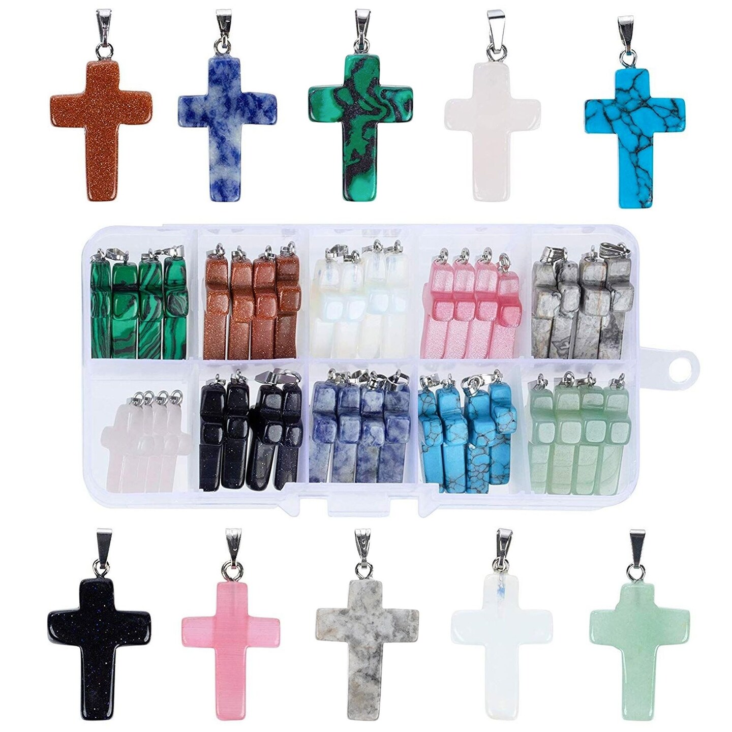 40 Piece Cross Charms for Jewelry Making, Bracelets, with Bail, Storage Case, Natural Gemstone Pendants for Necklaces, DIY Crafts, Keychains (10 Colors)