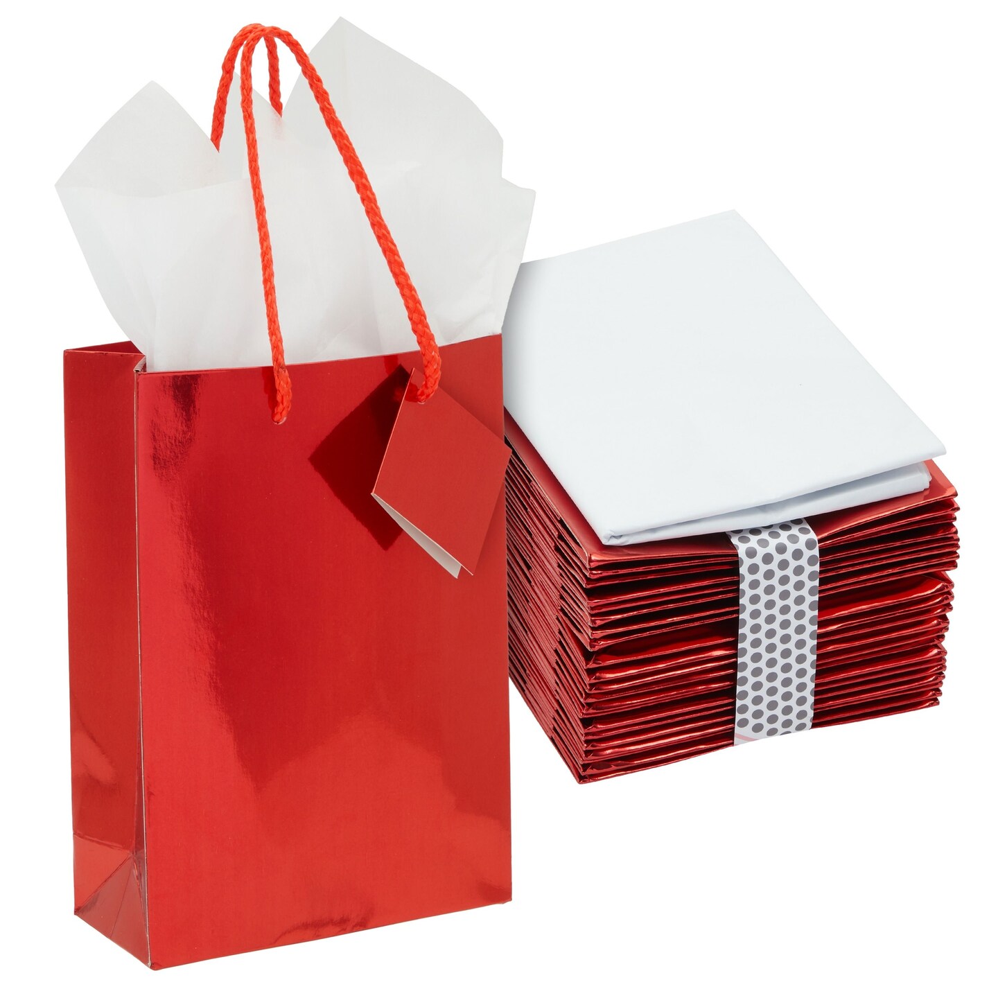20-Pack Small Glossy Gift Bags with Handles, 5.5x2.5x7.9-Inch Paper Bags with Foil Coating, White Tissue Paper Sheets, and Tags for Small Business (Red)