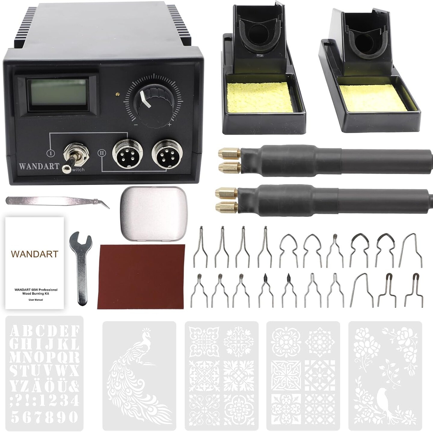 Professional Wood Burning Kit, Wandart 60W Wood Burning Tool Pyrography Kit with Dual Wood Burner 20 Woodburning Wire Nibs Tips including Ball Tips and 5PCS Stencils
