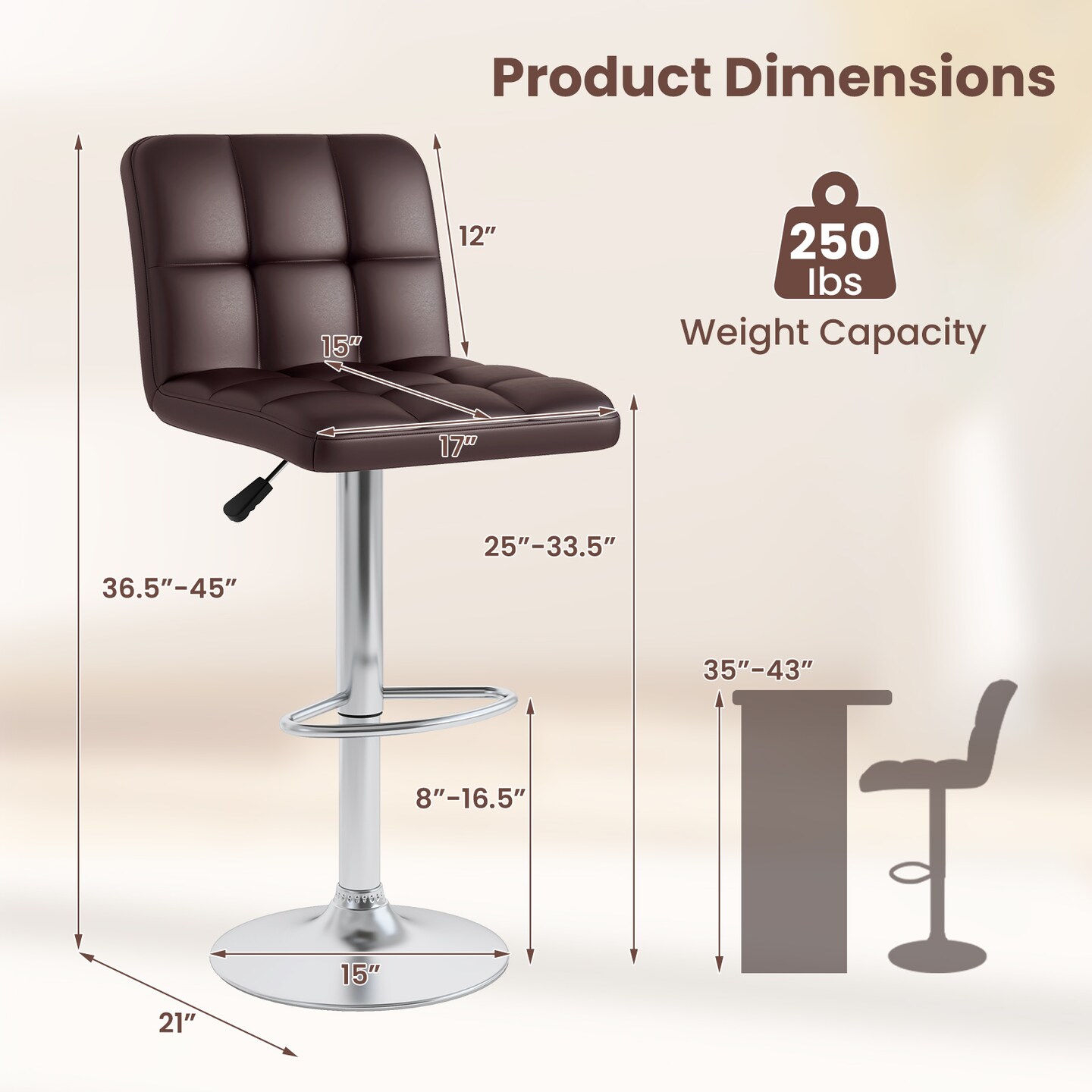 Modern Bar Stools Set of 2 with Back Support, Heavy-Duty Metal Base, Footrest, and Adjustable Height