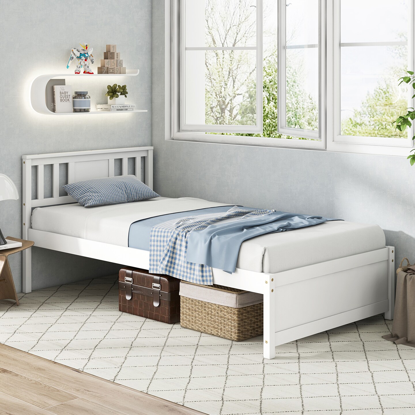 Wooden Platform Bed with Headboard and Wood Slat Support White