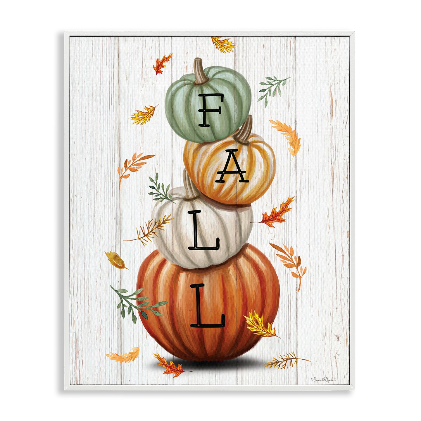 Stupell Industries Falling Leaves & Pumpkin Stack Framed Giclee Design by Elizabeth Tyndall