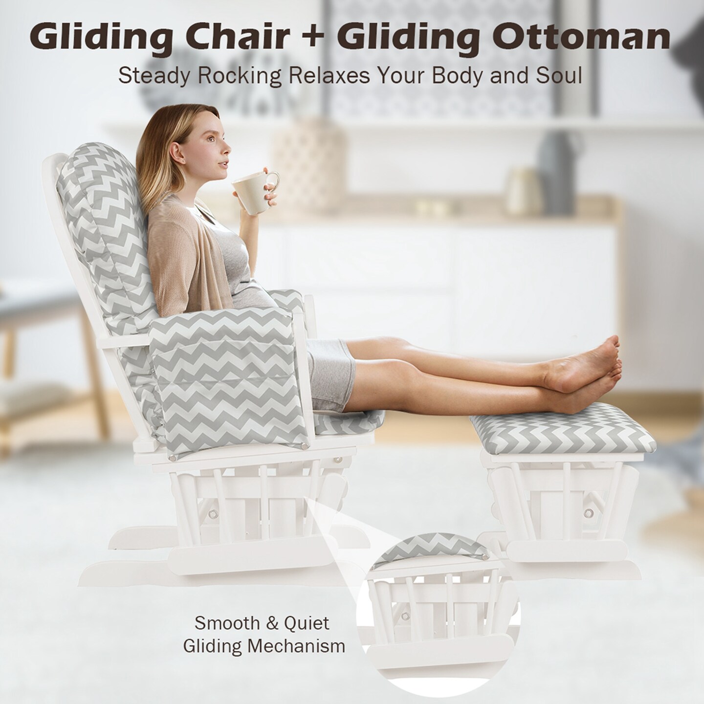Costway Glider and Ottoman Cushion Set Wood Baby Nursery Rocking Chair Beige/Brown/Dark Grey/Light Grey/Pink/Grey