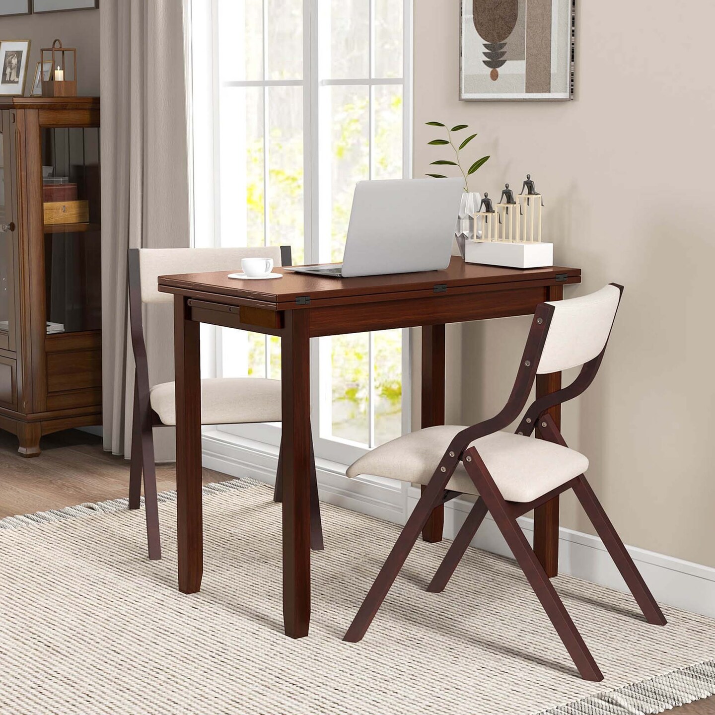 Costway Kitchen Table Set for 2/4 with Expandable Dining Table 2/4 Upholstered Folding Chairs