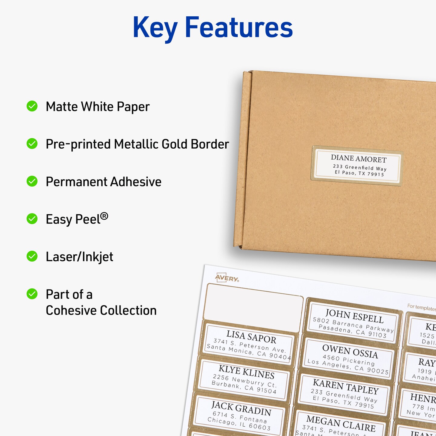 Avery Printable Address Labels, 1" x 2-5/8", Matte White with Metallic Gold Borders, Permanent, Laser & Inkjet Compatible, 300 Blank Mailing Labels (06540)