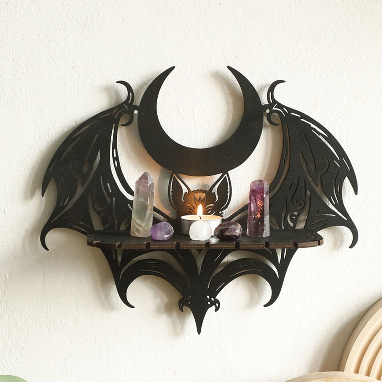 Halloween Bat Wooden Wall Shelf Living Room Faux Crystal Wall Floating Shelf Heavy Duty Natural Stone Display Candle