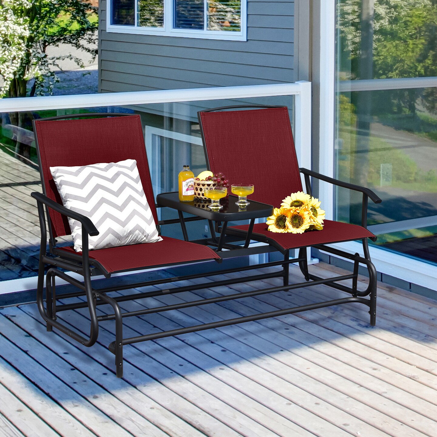 Comfortable 2-Person Double Rocking Loveseat with Glass Table and Armrests