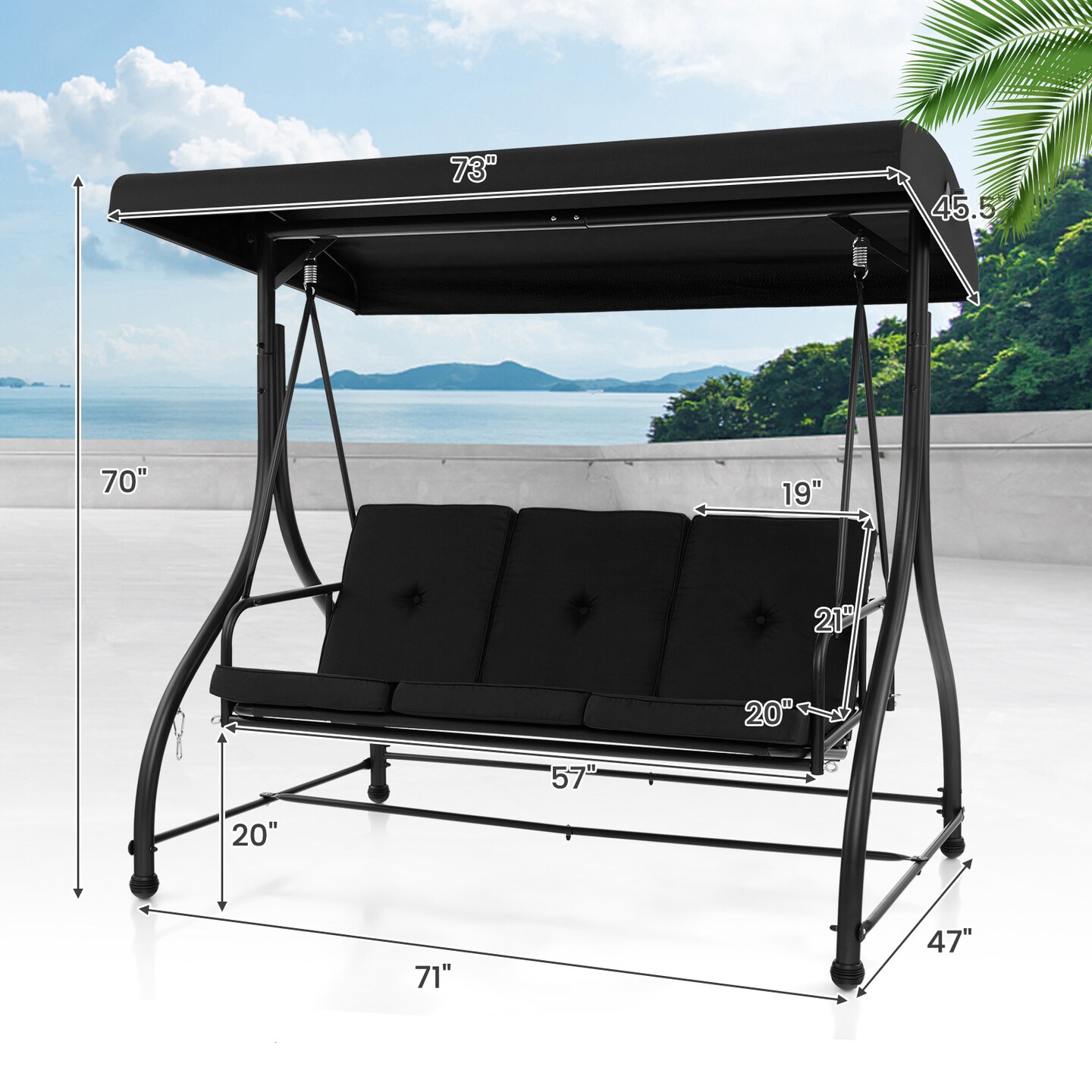 3-Person Outdoor Porch Swing with Adjustable Canopy and Converts to Bed Cushioned Patio Glider