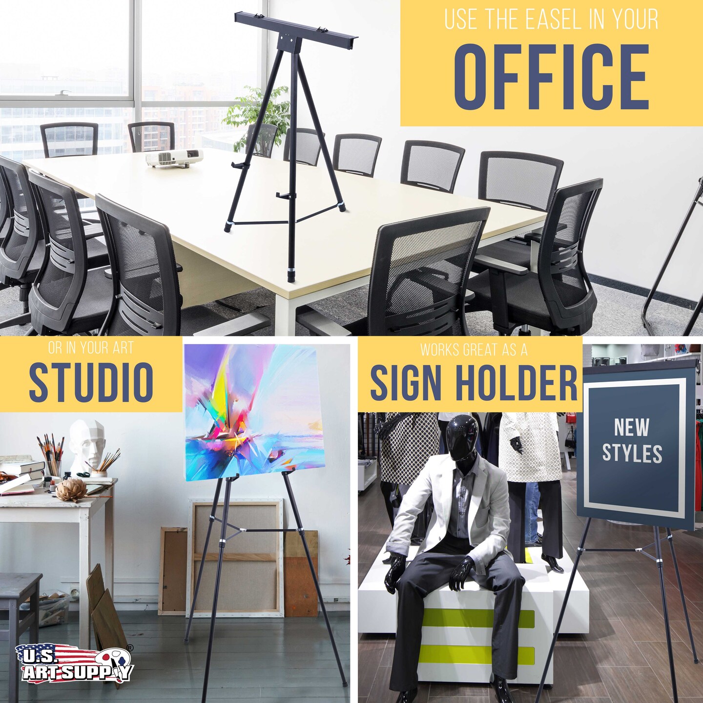 70&#x22; High Boardroom XL Black Aluminum Flip Chart Easel &#x26; Presentation Stand - Adjustable Floor/Tabletop, Portable Tripod, Holds 45 lbs, for Chart Paper, Poster Boards, &#x26; Pads