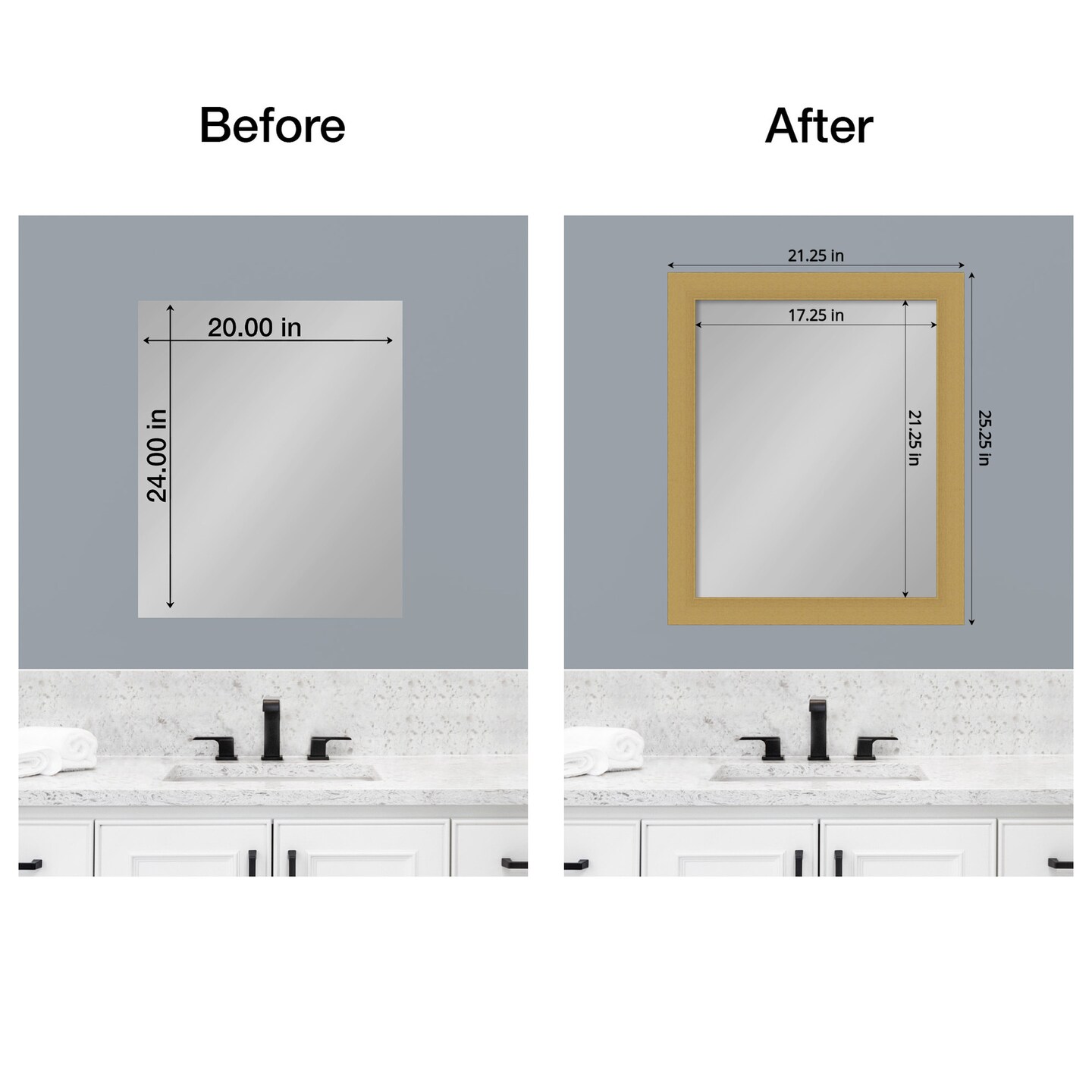 Amanti Art Mirror Makeover Bathroom Mirror Frame Border Kit - Fully Assembled Peel and Stick Frame - Mirror NOT Included - Grace Brushed Gold Trim