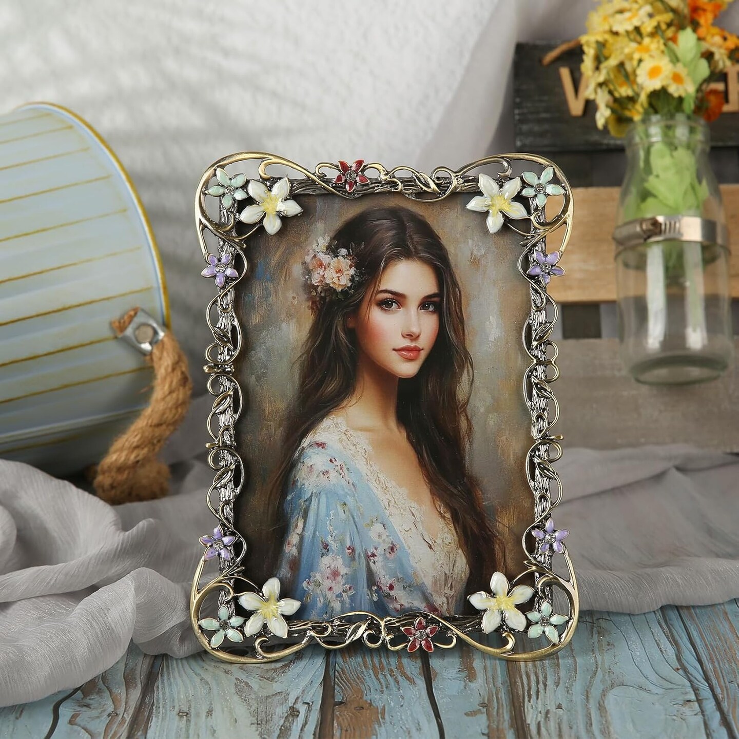 5x7 Vintage Flower Picture Frame Antique Metal Enamel Colorful Floral Photo Frame(Tree vine flower)8.5"L x 6.5"W