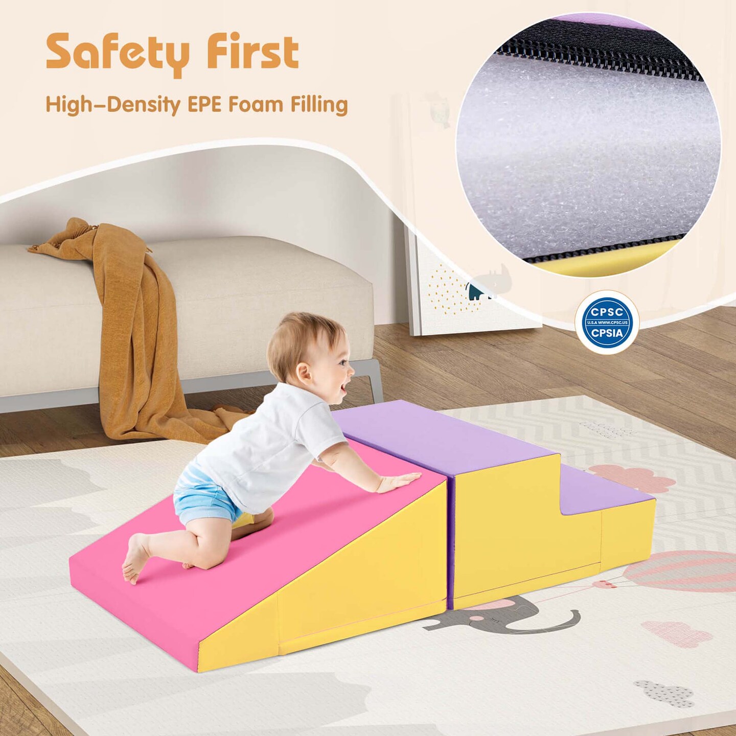 Costway Step and Slide Climber for Infants and Toddlers Baby Soft Foam Structure Blocks Yellow/Blue/Pink/Purple