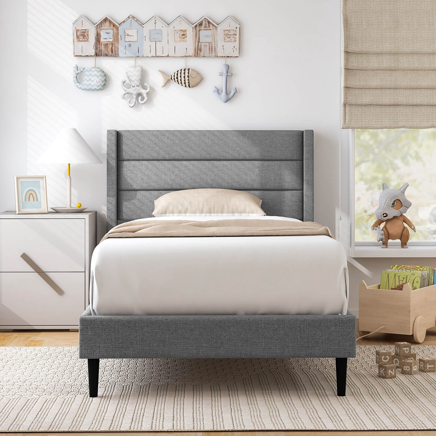 Costway Queen/Twin Bed Frame with Wingback Headboard Linen Upholstered Platform Bed Grey