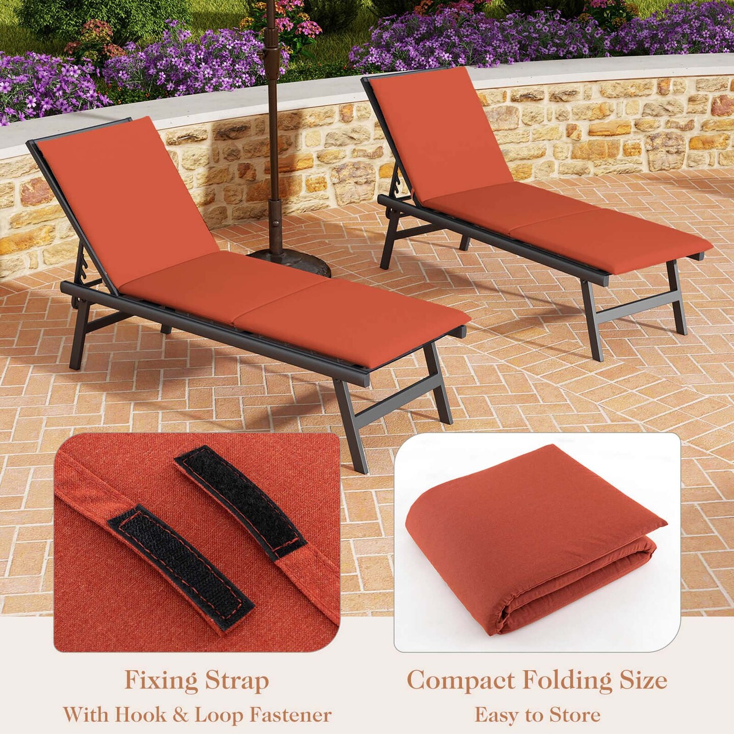 Costway 1/2 PCS Outdoor Chaise Lounge Cushion with Hook & Loop Fastener Fixing Straps Patio Orange