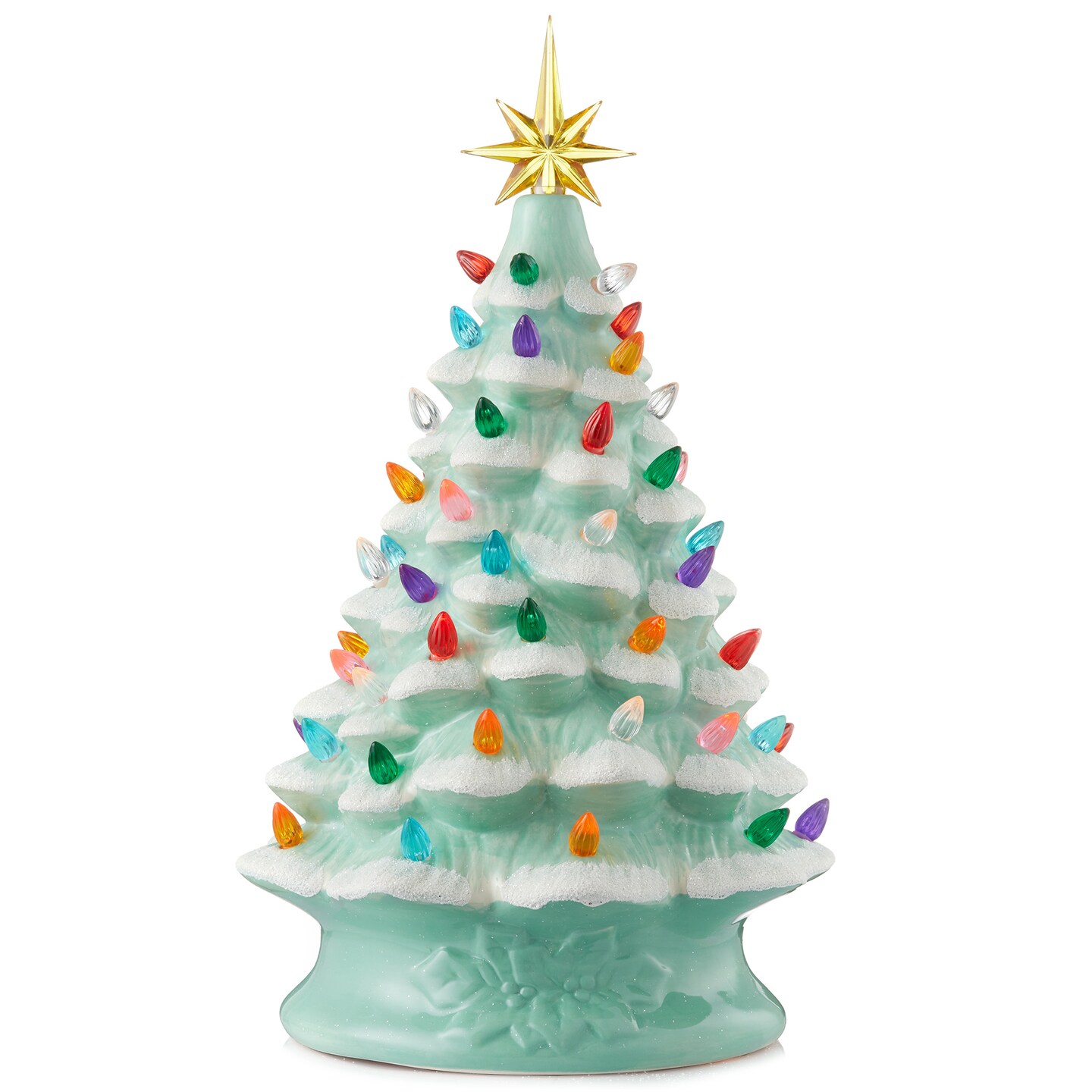 Casafield Hand Painted Ceramic Christmas Tree, Seafoam Green Snow Flocked 15-Inch Pre-Lit Tree with 128 Multi Color Lights and 2 Star Toppers