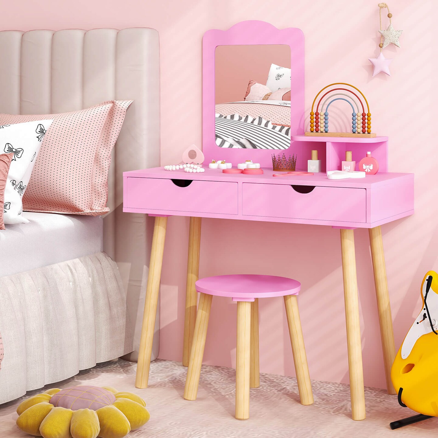 Costway Kid Vanity Table Chair Set with Mirror Large Storage Drawers Wooden Legs Pink/White