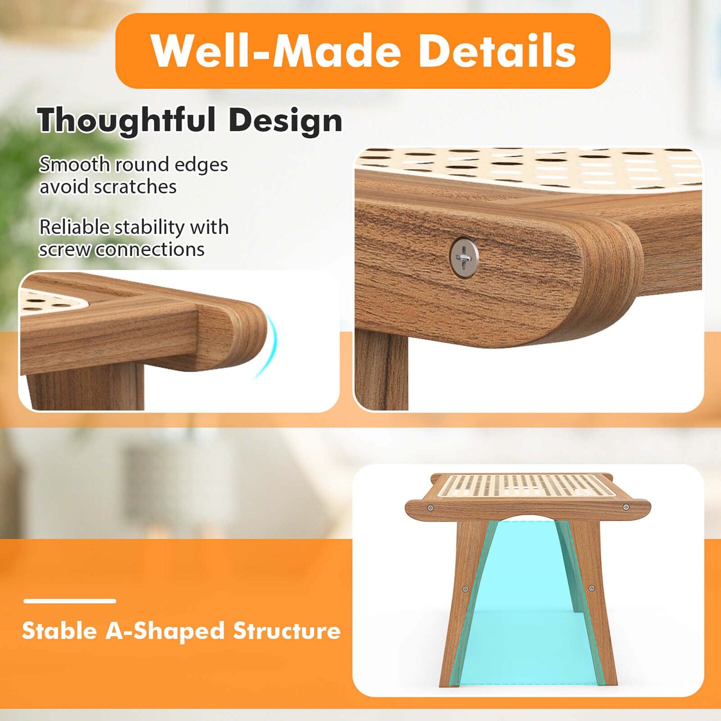 Costway 1/2 PCS Ottoman Footstool Natural Teak Wooden Foot Rest with Handwoven Rattan Indoor