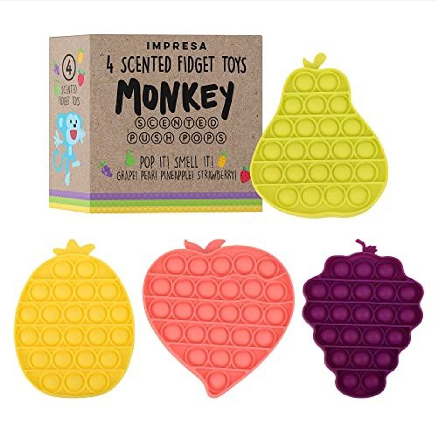 IMPRESA 4-Pack Fruit Scented Monkey Push Pop Sensory Toys for Kids &#x26; Adults to Help Reduce Anxiety - Scented Pop it Fidget Toy Promotes Improved Focus - Bubble Toys Make a Satisfying Pop Sound