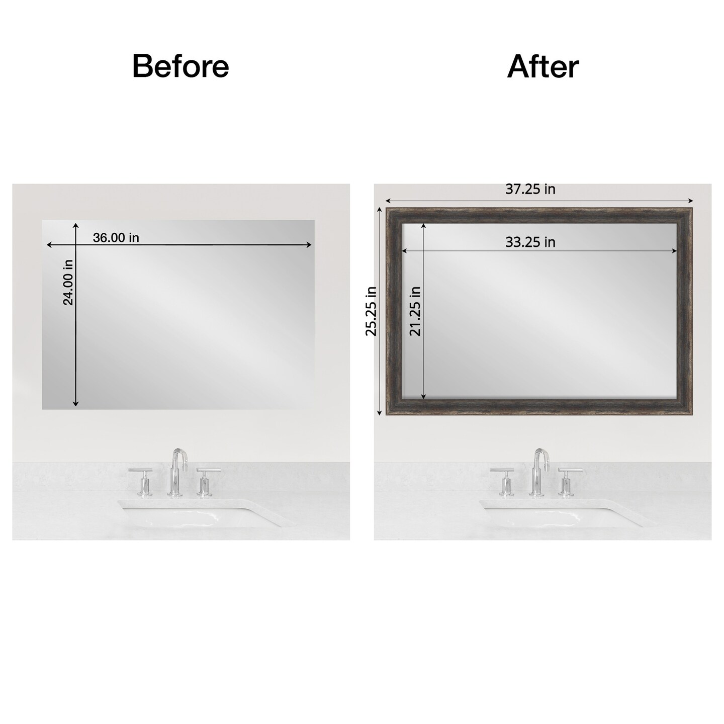 Amanti Art Mirror Makeover Bathroom Mirror Frame Border Kit - Fully Assembled Peel and Stick Frame - Mirror NOT Included - Bark Rustic Char Narrow Trim