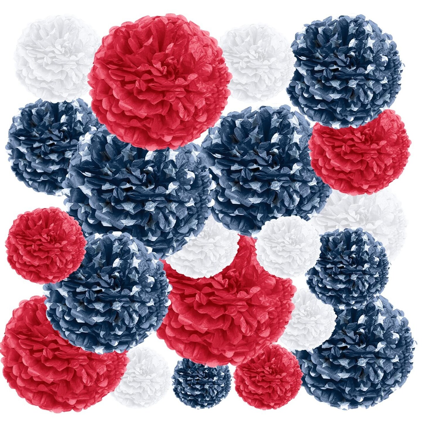 EpiqueOne 20-Piece Tissue Paper Pom Poms Party Decoration Kit - Blue, Red &#x26; White | Different Sizes - 6&#x22;, 8&#x22;, 10&#x22;, 12&#x22; &#x26; 14&#x22; | Ideal for Birthdays, Bridal or Baby Showers, Weddings, Graduation &#x26; More
