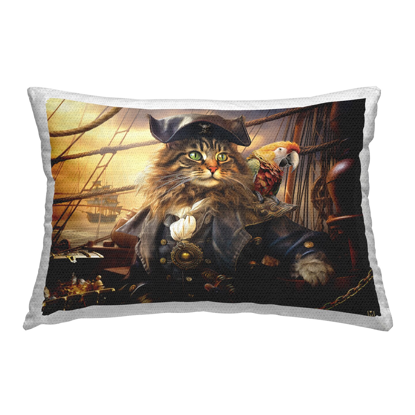 Pirate Cat Aboard Ship Design by Michael David Ward Outdoor Printed Pillow