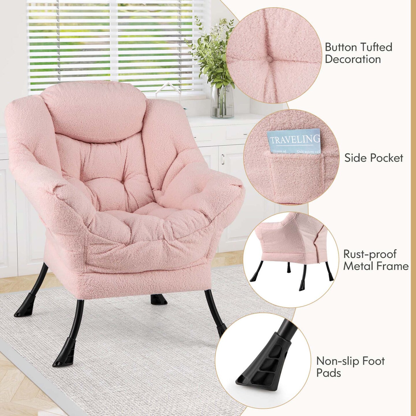 Costway Large Lazy Chair with Cozy Head Pillow Stylish Tufted Back &#x26; Seat Armrests Beige/Gray/Pink