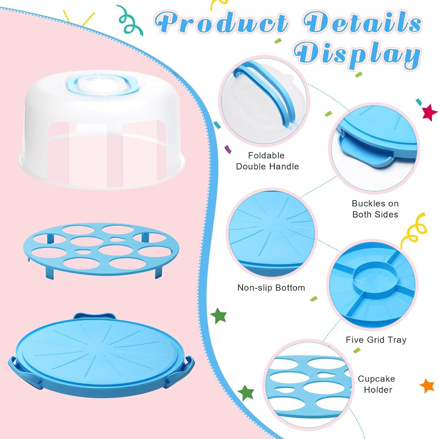 Cake Carrier with Lid and Handle 11inch Round Cake Carrier Portable Cake Stand Plastic Pie Carrier Cake Storage Container for Transport Cakes, Pies (Blue)
