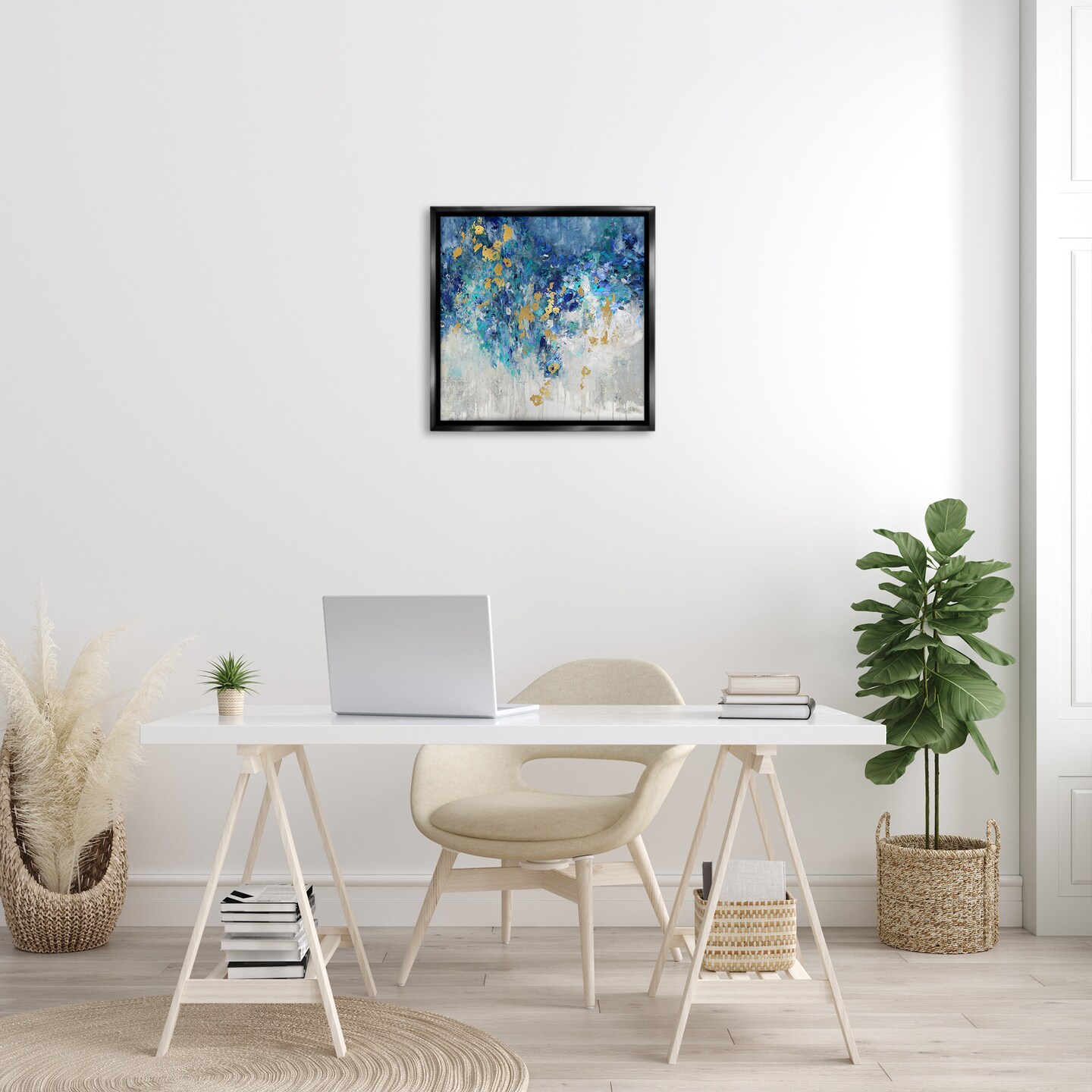 Stupell Industries Abstract Blue Gold Paint Design Framed Floater Canvas Wall Art