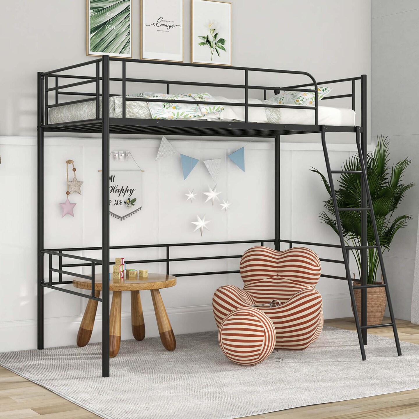 Costway Twin Metal Loft Bed Frame with Ladder Loft Bed with Safety Guardrails