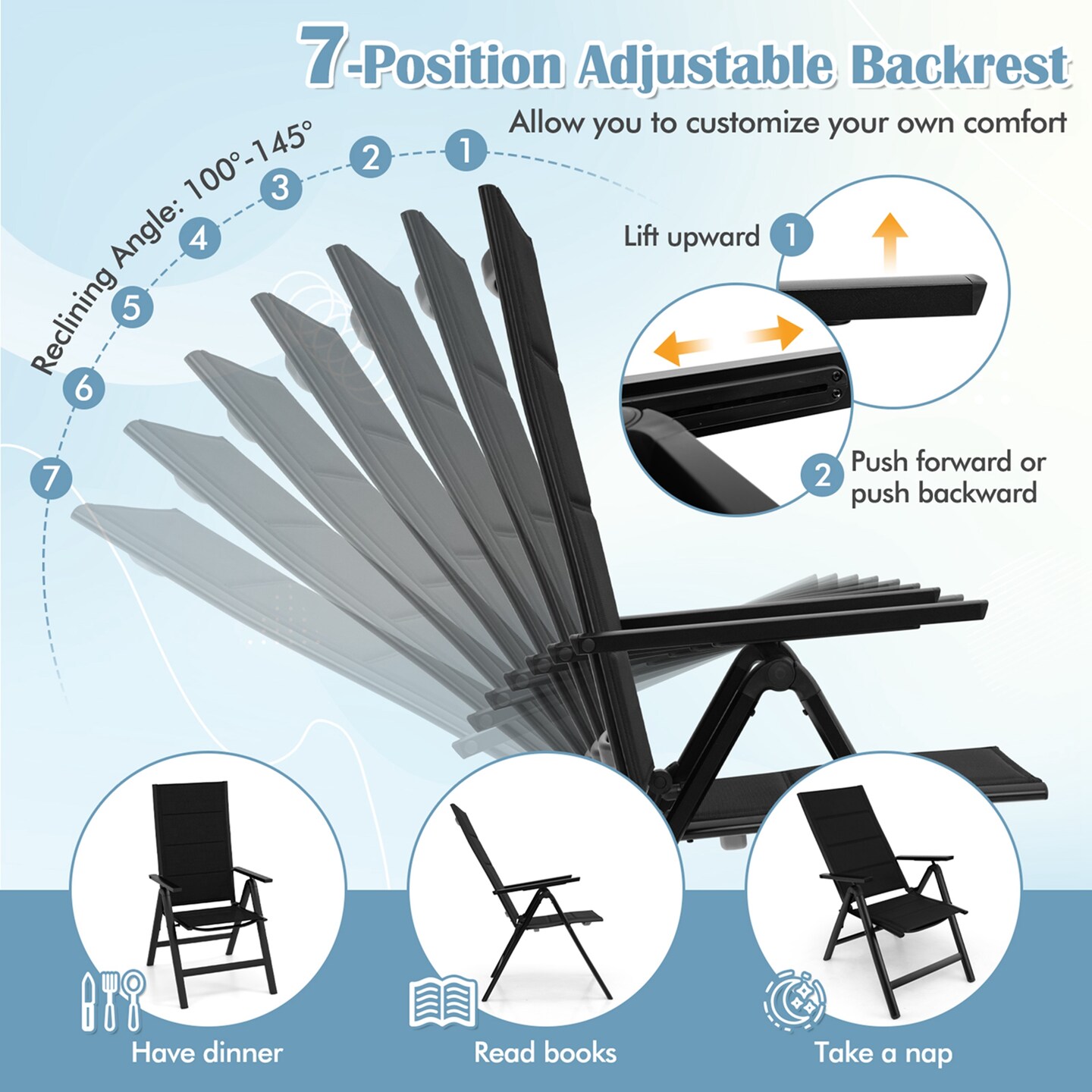 Costway 1/2/4 PCS Patio Folding Chair Outdoor Chairs with Padded Seat, Adjustable Backrest Black