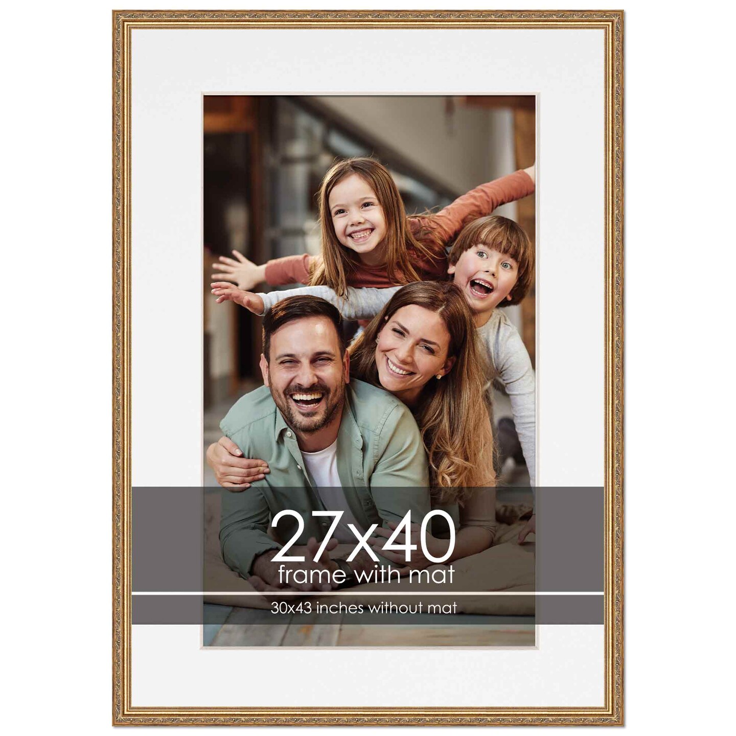 Antique Gold Frame with White Photo Mat, UV Acrylic Front, Foam Board Backing, 60 Sizes Available