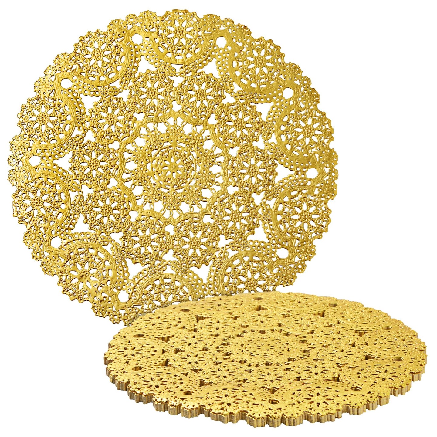 60 Pack 10 Inch Gold Paper Doilies for Dining Table, Round Decorative Medallion Lace Placemats for Wedding