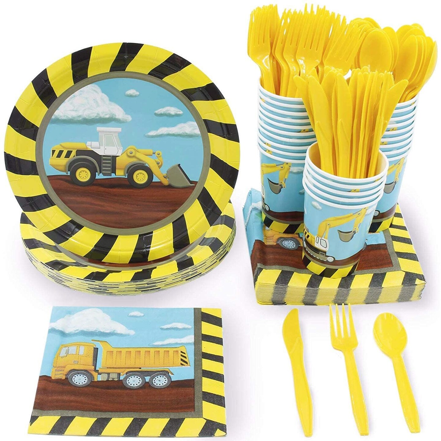 Serves 24 Under Construction Theme Party Supplies Decoration for Kids Birthday, Disposable Paper Plates, Napkins, Cups &#x26; Cutlery