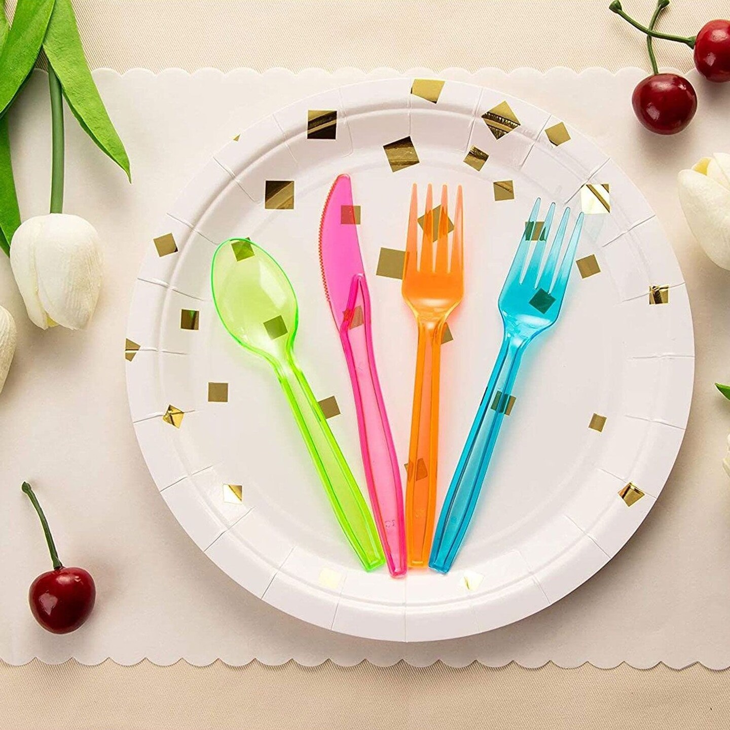 Rainbow Plastic Silverware Set, Neon Forks, Knives, and Spoons (144 Pieces)