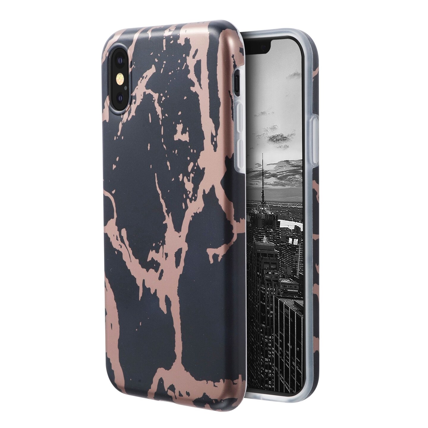 Insten [Unique Design] Case compatible with Apple iPhone X, [Marble Pattern] TPU Rubber Candy Skin Case Cover Compatible With Apple iPhone X, Black &#x26; Rose Gold